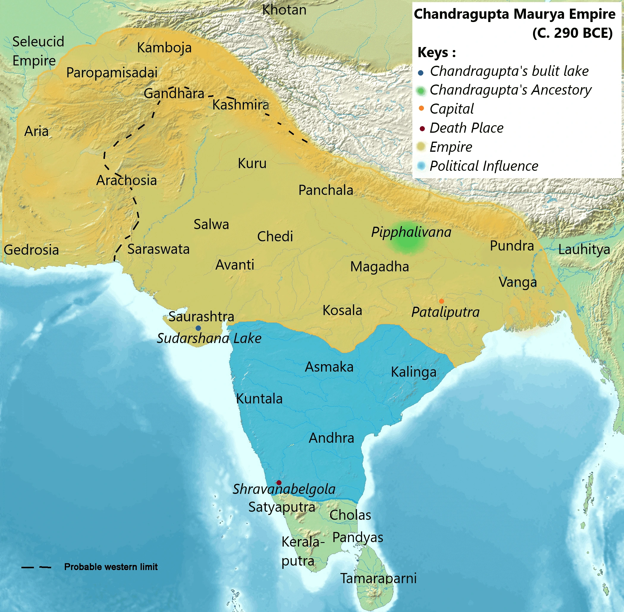 Chandragupta Maurya’s empire around 290 BCE; compare this extent with the later Ashokan map.