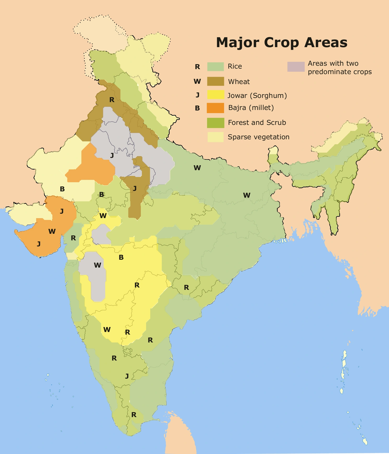 Major crop regions of India: relate crop belts to rainfall, soils, temperature and irrigation. Schematic historical reference, not current production rankings.