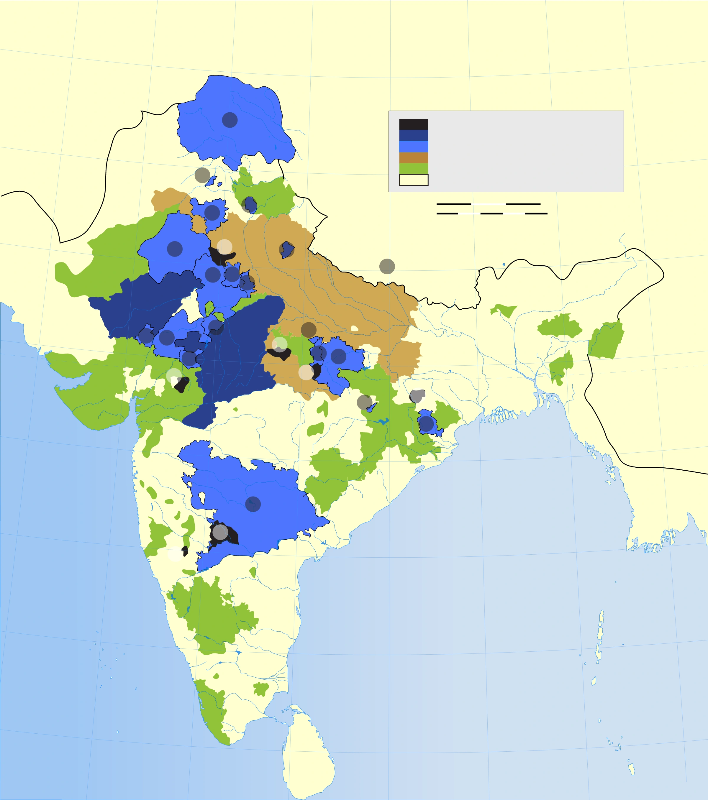 Princely state alignments during the 1857 uprising: compare regional participation through the legend. Not every battle or uprising centre is shown, and local participation was not uniform.