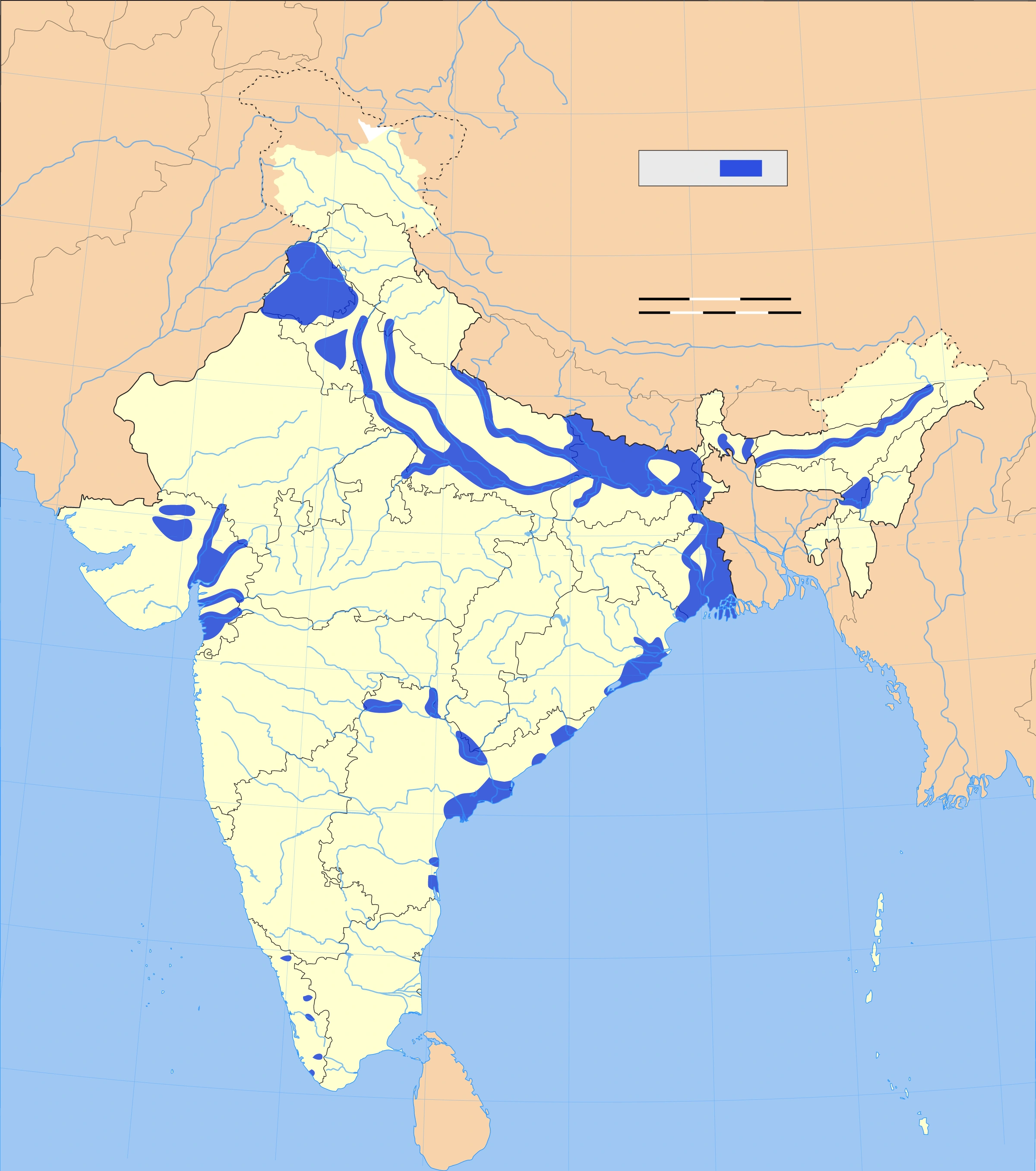 India flood-prone reference zones: relate plains to major river systems and monsoon rainfall. Not a live forecast or parcel-level risk map.