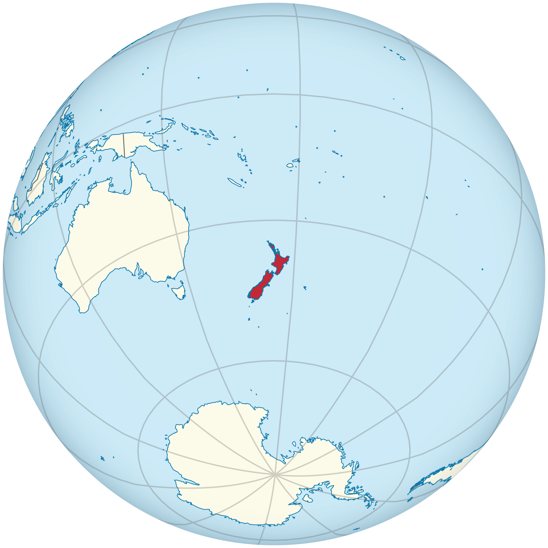 Globe map locating New Zealand in the South Pacific, providing geographic context for the article’s discussion of India–New Zealand trade and Indo-Pacific engagement.