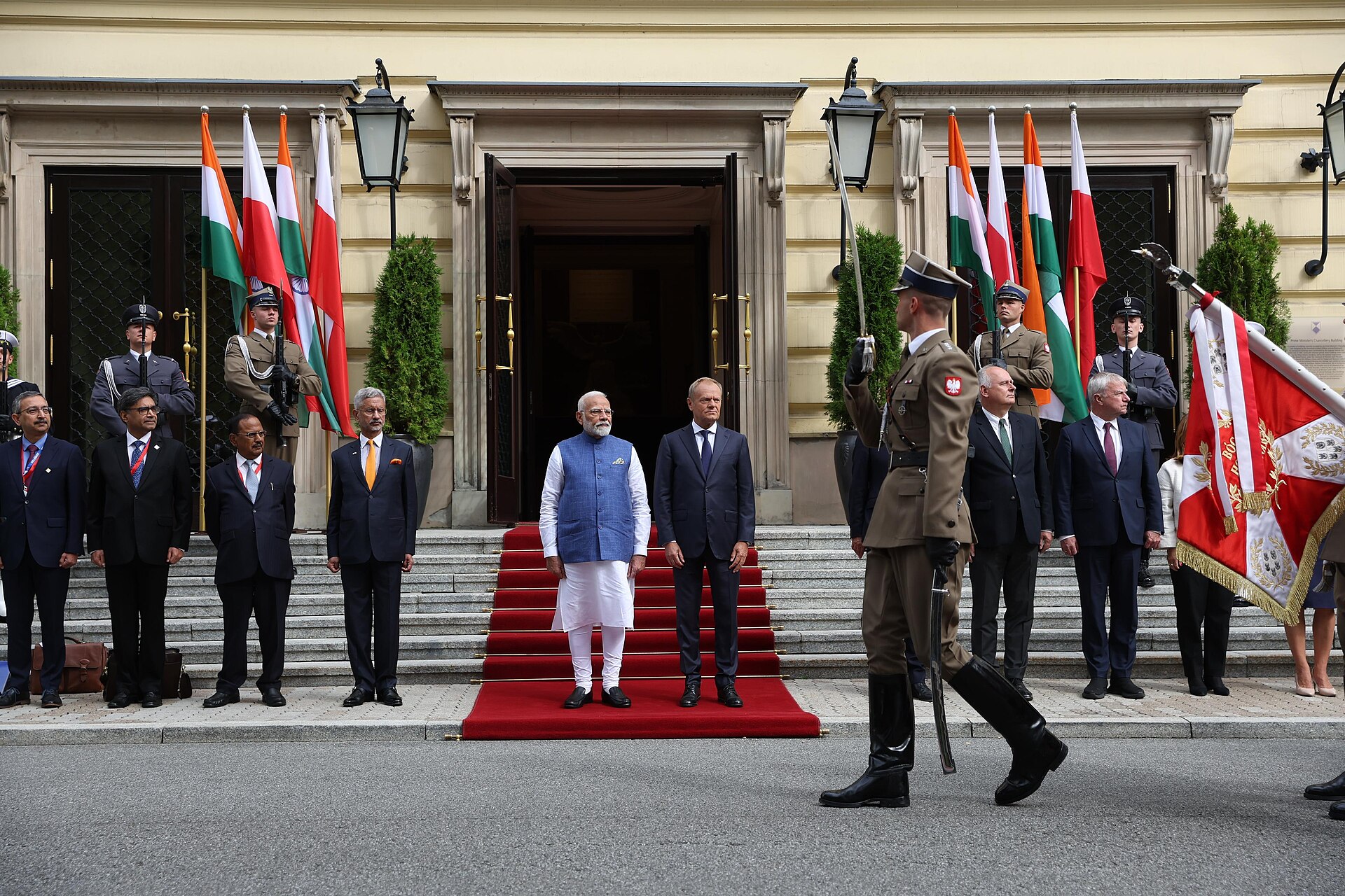 Reference view: Polish Prime Minister Donald Tusk welcomes Indian Prime Minister Narendra Modi in Warsaw on August 22, 2024, during the first visit by an Indian prime minister to Poland in 45 years. This photograph is not from Tusk’s visit to India.