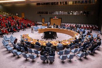 Reference image: Delegates around the UN Security Council table in New York. This illustrates a setting for international security diplomacy, not a meeting on the UNIDIR warning, and accompanies discussion of international safeguards for military AI.