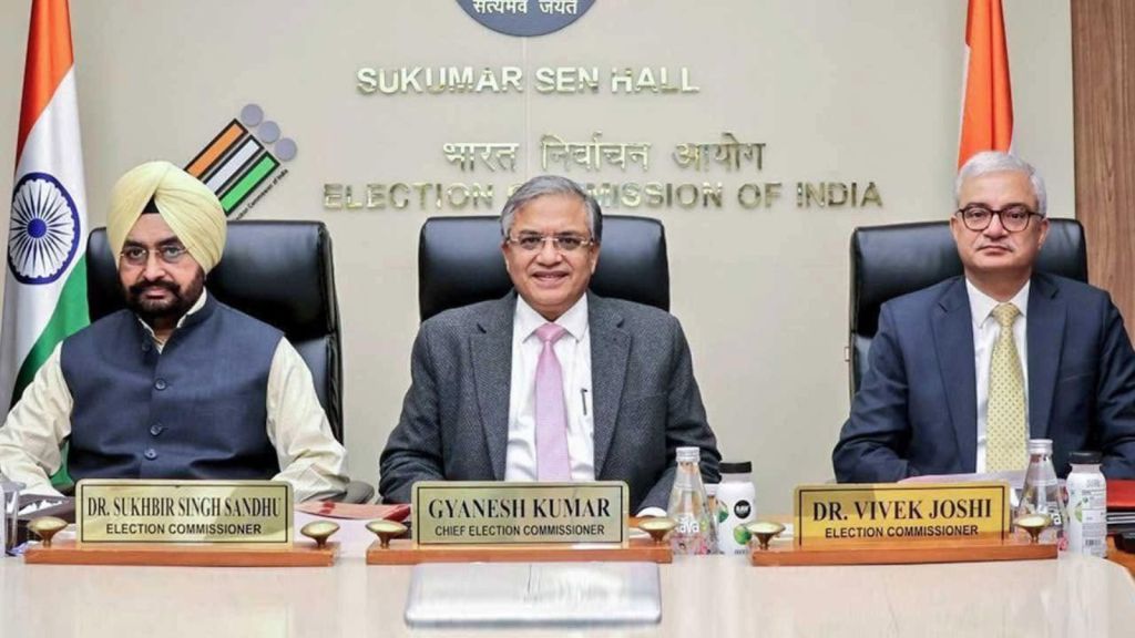 Reference image of Chief Election Commissioner Gyanesh Kumar with Election Commissioners Sukhbir Singh Sandhu and Vivek Joshi. The three-member Commission’s collective decision-making is central to its submission that the revision orders were unanimously approved; the image does not document the disputed decisions.